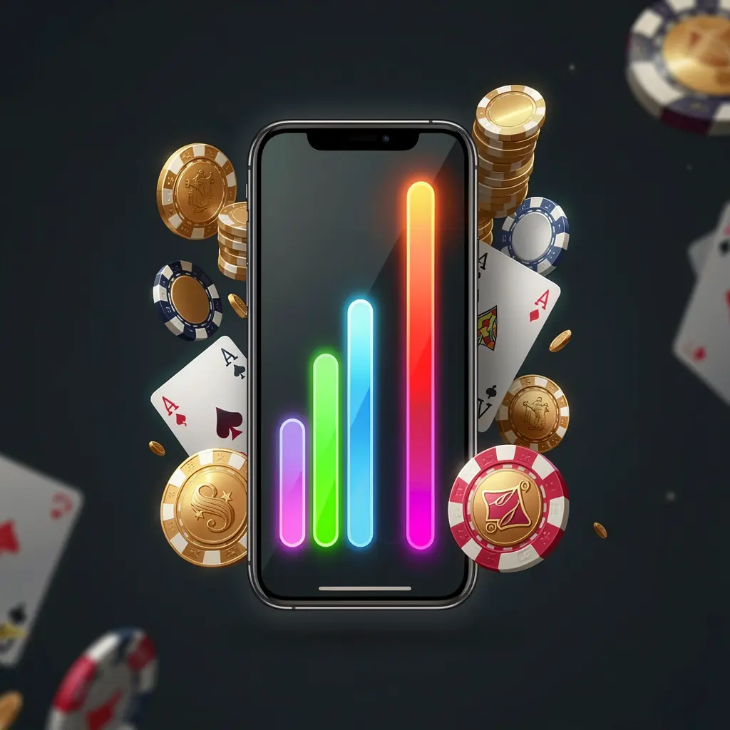 EX66 casino app installation on a smartphone with a glowing progress bar, surrounded by coins, chips, and cards on a dark background, showcasing premium mobile gaming design