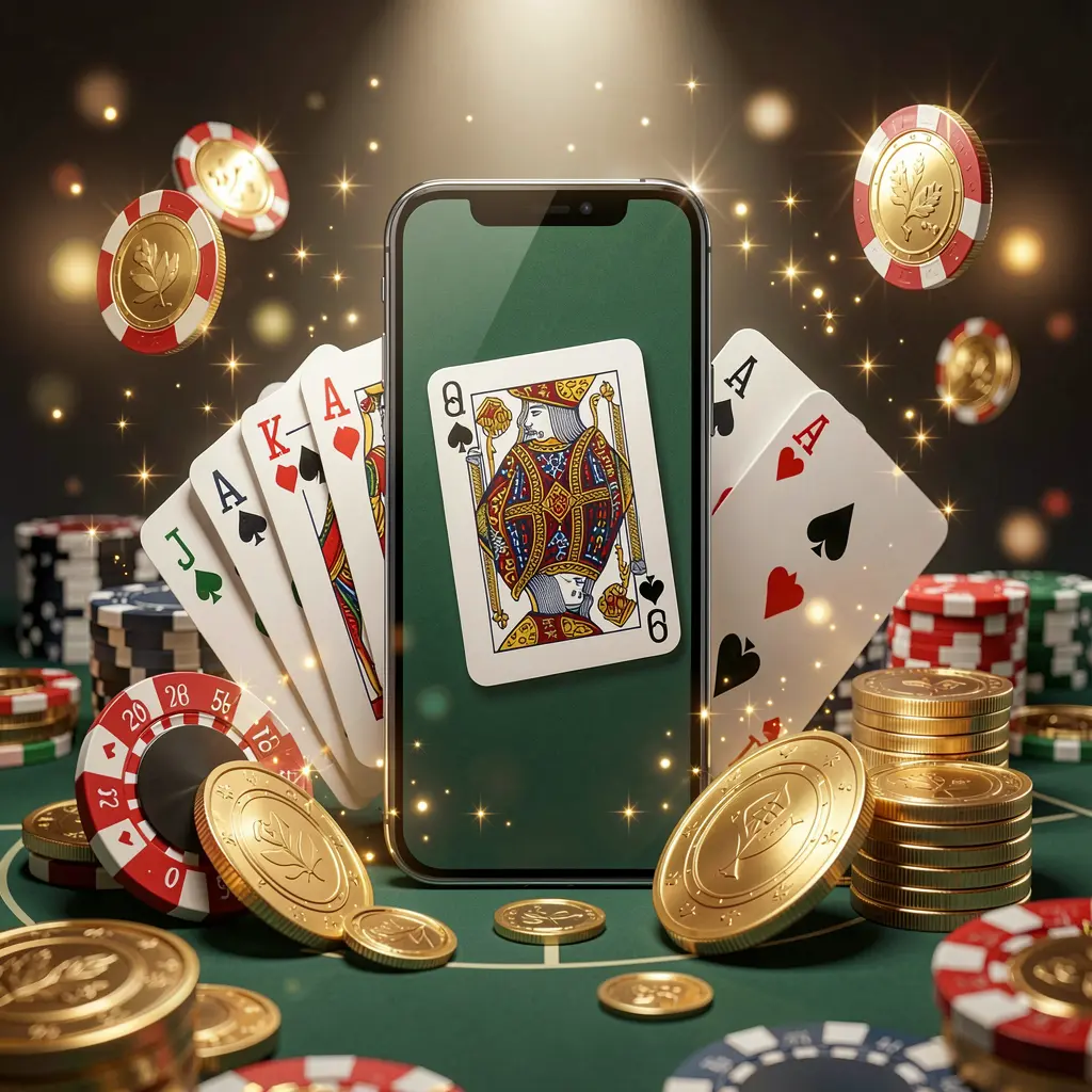 EX66 mobile gaming application concept showing a smartphone surrounded by playing cards, roulette chips, gold coins, and sparkling lights in a premium casino style