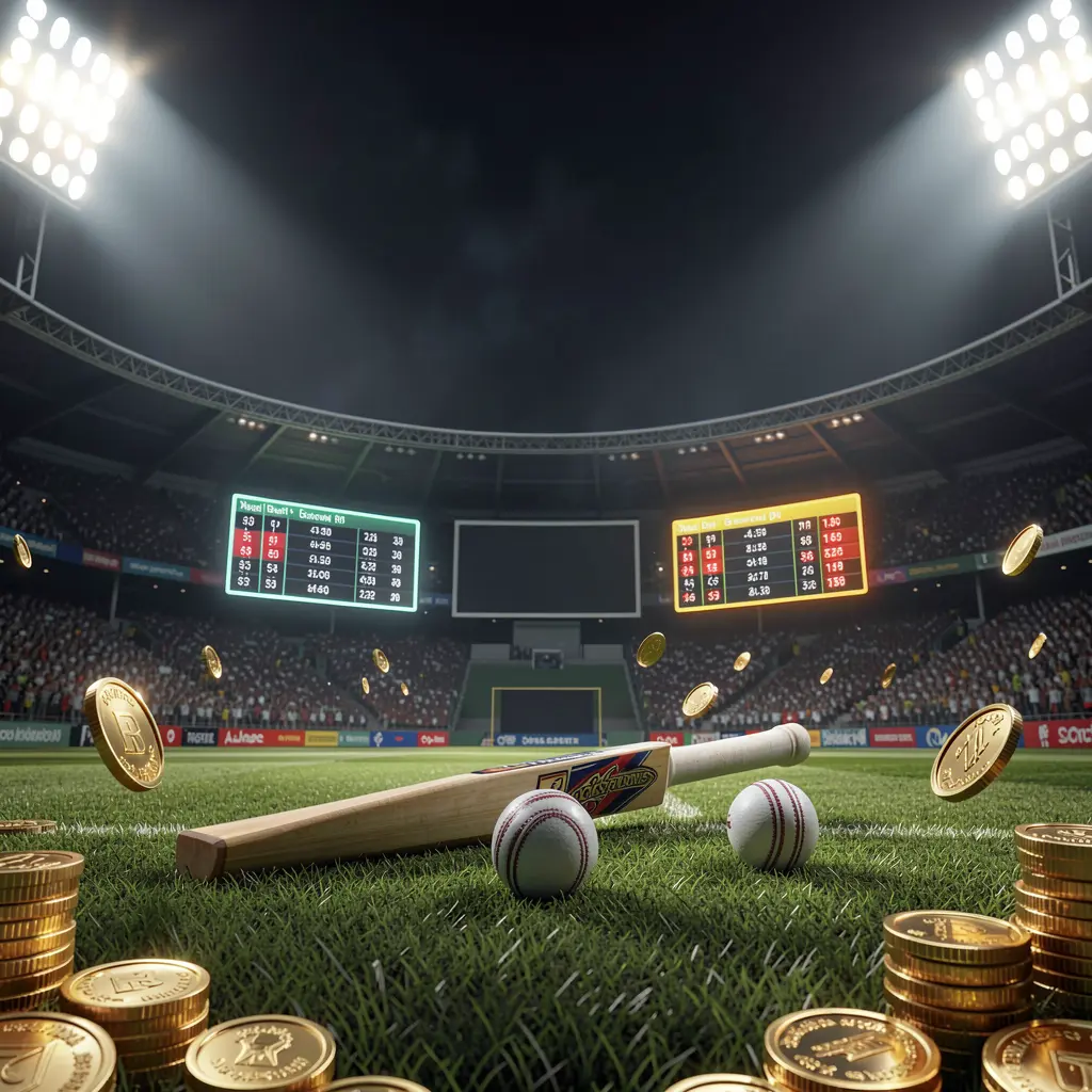 EX66 cricket betting page hero banner featuring a cricket stadium at night with bright floodlights, a cricket bat and ball on a green pitch, glowing odds panels, and golden coins in a premium dark cinematic 3D render atmosphere EX66 cricket betting page hero banner featuring a cricket stadium at night with bright floodlights, a cricket bat and ball on a green pitch, glowing odds panels, and golden coins in a premium dark cinematic 3D render atmosphere