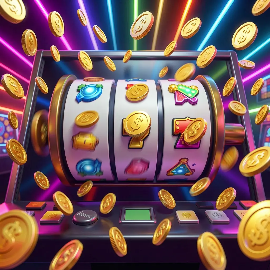 EX66 free spins casino image featuring slot machine reels spinning with golden coins flying everywhere under colorful neon lights, creating an exciting jackpot mood in a premium 3D illustration