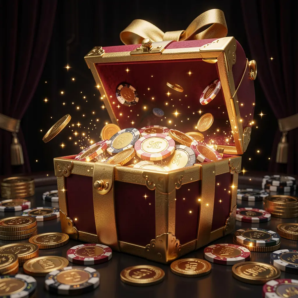 EX66 no deposit casino bonus concept showing a glowing gift box filled with free casino chips and golden coins with magical sparkle effects on a luxury dark background creating an exciting reward atmosphere