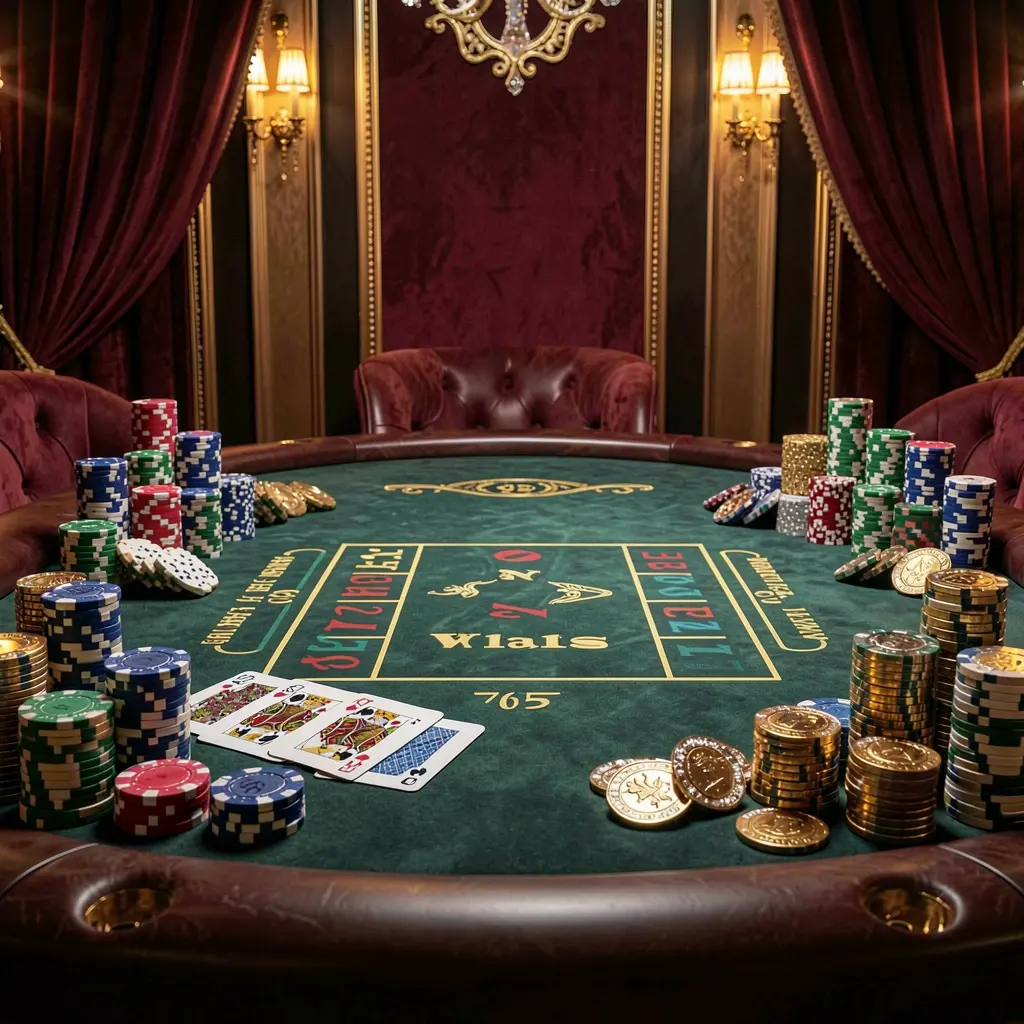 EX66 luxury casino atmosphere featuring a blackjack table with poker cards, stacks of chips, and sparkling coins against a dark red and gold background in a cinematic realistic render