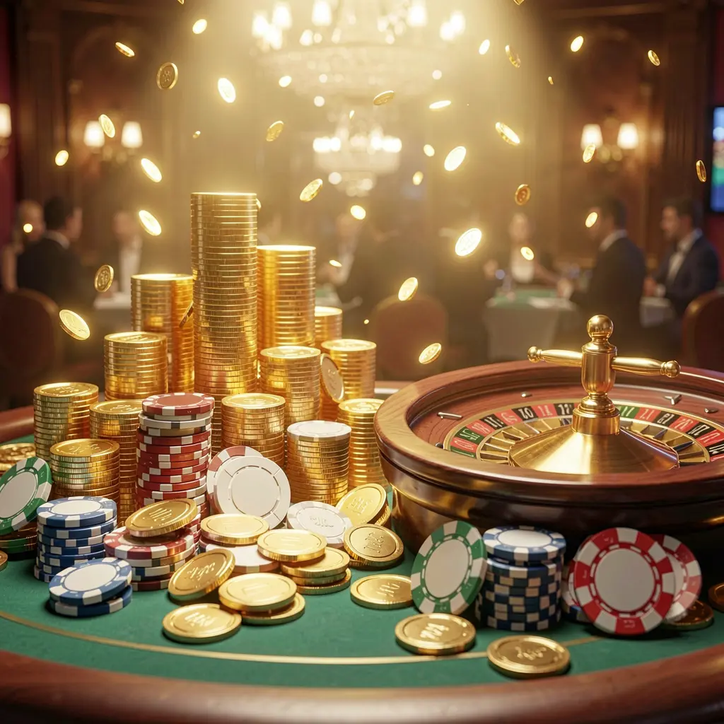 EX66 casino jackpot scene with golden coins, poker chips, and roulette wheel under bright glowing lights in a luxury celebration atmosphere