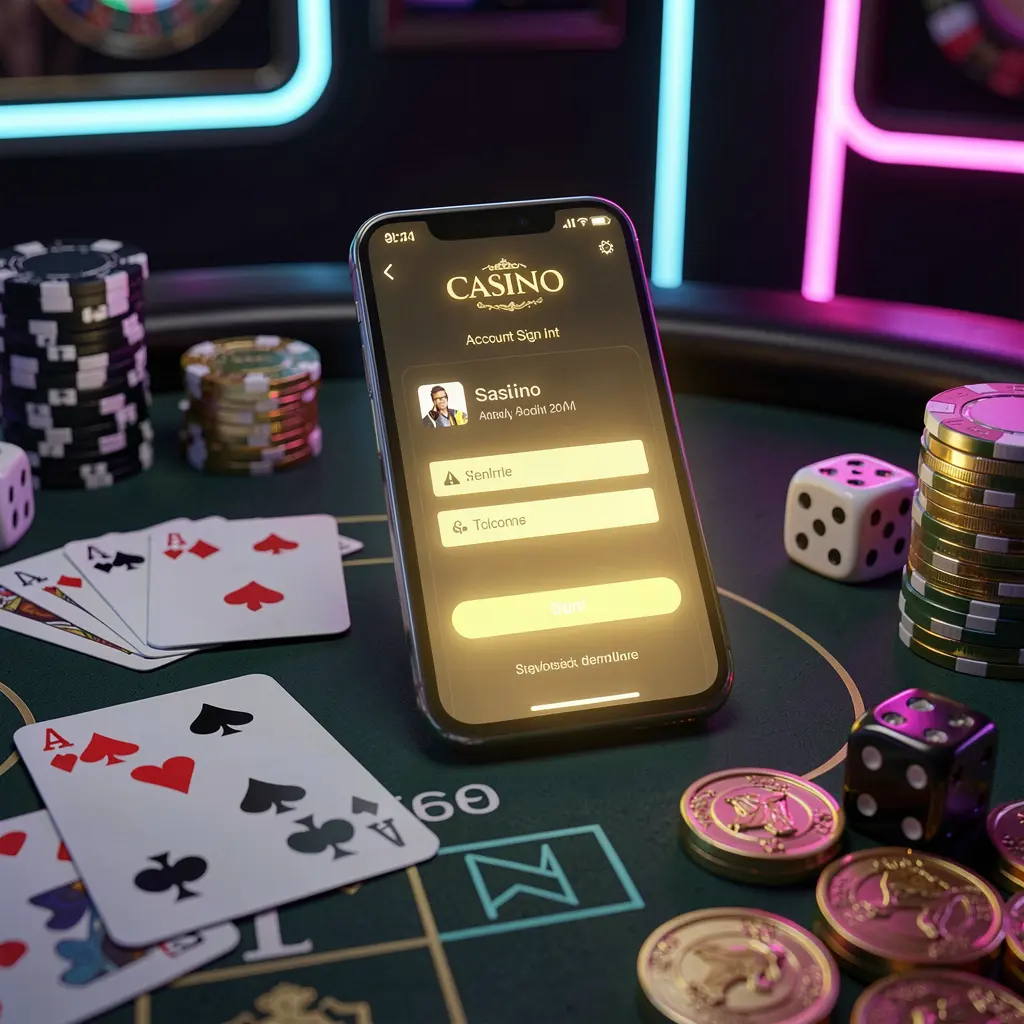 EX66 casino account sign in scene with a glowing smartphone on a casino table surrounded by cards, chips, dice, and gold coins against an elegant dark background with neon highlights EX66 casino account sign in scene with a glowing smartphone on a casino table surrounded by cards, chips, dice, and gold coins against an elegant dark background with neon highlights