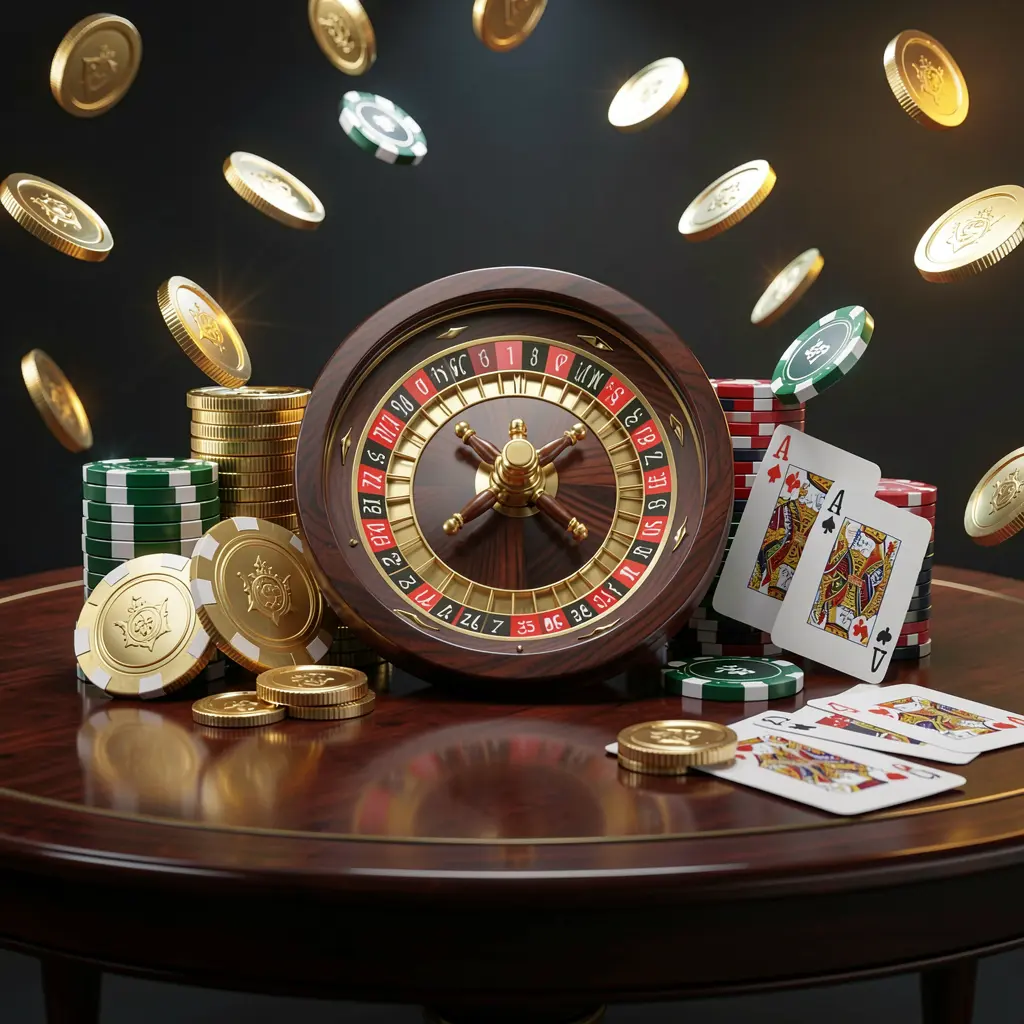 EX66 premium online casino banner featuring golden coins, glowing chips, a roulette wheel, and playing cards on a glossy table with an elegant dark background in a high detail realistic 3D render EX66 premium online casino banner featuring golden coins, glowing chips, a roulette wheel, and playing cards on a glossy table with an elegant dark background in a high detail realistic 3D render
