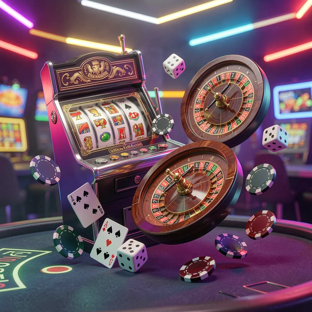 EX66 casino games collection homepage visual featuring a slot machine, roulette wheel, dice, playing cards, and poker chips floating together with colorful neon lights in a premium 3D render EX66 casino games collection homepage visual featuring a slot machine, roulette wheel, dice, playing cards, and poker chips floating together with colorful neon lights in a premium 3D render